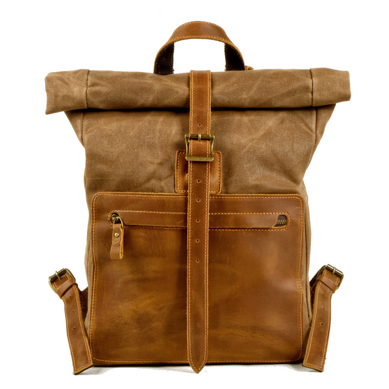 Canvas Backpack Casual - 新しいシンプルでレトロなワックスキャンバスバックパック、男性用、レザーの長方形スクールバッグデザインのカジュアルバッグ、レトロバックパック